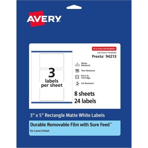 Avery Durable Removable Rectangle Labels, Sure Feed Technology, 3″ x 5″, Matte White Film, Water-Resistant, Print-to-The-Edge, Laser/Pigment-Based Inkjet Printable, 75 Total(24 labels)