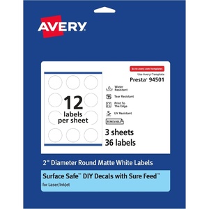 Avery Durable Removable Round Labels, Sure Feed Technology, 2″ Diameter, Matte White Film, Water-Resistant, Print-to-The-Edge, Laser/Pigment-Based Inkjet Printable, 96 Total(36 labels)