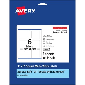 Avery Durable Removable Square Labels, Sure Feed Technology, 3″ x 3″, Matte White Film, Water-Resistant, Print-To-The-Edge, Laser/Pigment-Based Inkjet Printable, 18 Total(48 labels)