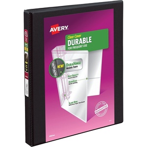 Avery Durable View 3 Ring Binder, 1 Inch Slant Rings, 250-Sheet Capacity, DuraHinge, 1.4 Inch Wide Spine, Customizable Clear Covers and Spine, 1 Black Binder (17011)(0.5″)