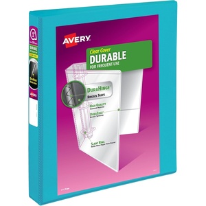 Avery Durable View 3 Ring Binder, 1 Inch Slant Rings, 250-Sheet Capacity, DuraHinge, 1.4 Inch Wide Spine, Customizable Clear Covers and Spine, 1 Bright Aqua Blue Binder (17295)(1″)