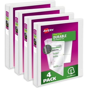 Avery Durable View 3 Ring Binders for Home, School Supplies, Office, or Organization Needs, 1″ Slant Ring, 4 Pack White Binders (17575)(1″)