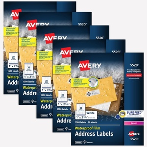 Avery Durable Waterproof Address Labels with Sure Feed Technology, 1″ x 2-5/8″, White, Laser & Pigment-Inkjet Compatible, 1,500 Blank Labels per Pack (5-Pack of 5520)