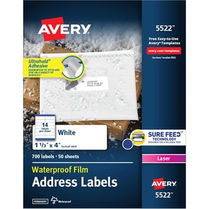 Avery Durable Waterproof Address Labels with Sure Feed Technology, 1-1/3″ x 4″, White, Laser Printer Compatible, 700 Blank Labels Total, Great for Mailing, Branding, and More (5522)(700 labels)