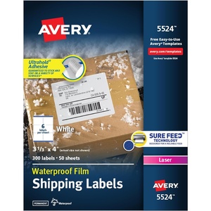 Avery Durable Waterproof Shipping Labels with Sure Feed Technology, 3-1/3″ x 4″, White, Laser Compatible, 300 Blank Labels Total, Great for Mailing, Branding, and More (5524)