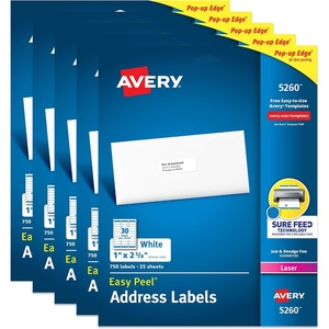 Avery Easy Peel Printable Address Labels with Sure Feed, 1″ x 2-5/8″ Customizable Stickers, White, 3,750 Blank Mailing Labels, Great for Mailing, Shipping, and More (5-Pack of 5260)