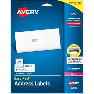 Avery Easy Peel Printable Address Labels with Sure Feed, 1″ x 2-5/8″ Customizable Stickers, White, 750 Blank Mailing Labels, Great for Mailing, Shipping, and More (5260)