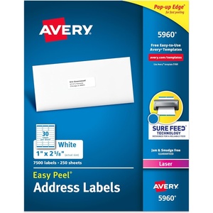 Avery Easy Peel Printable Address Labels with Sure Feed, 1″ x 2-5/8″ Customizable Stickers, White, 7,500 Blank Mailing Labels, Great for Mailing, Shipping, and More (5960)(0)