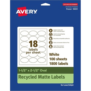Avery EcoFriendly Matte White Recycled Oval Labels, 1.5″ x 2.5″, Matte White Labels, Permanent Adhesive, Laser/Inkjet Printable, 450 Total(1 800 labels)