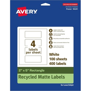 Avery EcoFriendly Matte White Recycled Rectangle Labels, 2″ x 5″, Print-to-The-Edge, Matte White Labels, Permanent Adhesive, Laser/Inkjet Printable, 400 Total(400 labels)