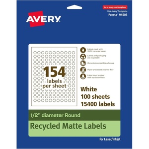 Avery EcoFriendly Matte White Recycled Round Labels, 0.5″ Diameter, Print-to-The-Edge, Matte White Labels, Permanent Adhesive, Laser/Inkjet Printable, 1,540 Total(15 400 labels)