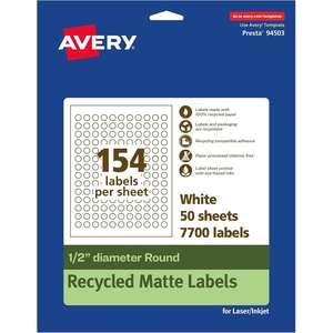Avery EcoFriendly Matte White Recycled Round Labels, 0.5″ Diameter, Print-to-The-Edge, Matte White Labels, Permanent Adhesive, Laser/Inkjet Printable, 1,540 Total(7 700 labels)