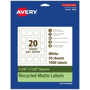 Avery EcoFriendly Matte White Recycled Square Labels, 1.5″ x 1.5″, Print-to-The-Edge, Matte White Labels, Permanent Adhesive, Laser/Inkjet Printable, 200 Total(1 000 labels)