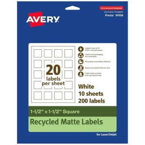 Avery EcoFriendly Matte White Recycled Square Labels, 1.5″ x 1.5″, Print-to-The-Edge, Matte White Labels, Permanent Adhesive, Laser/Inkjet Printable, 200 Total(200 labels)