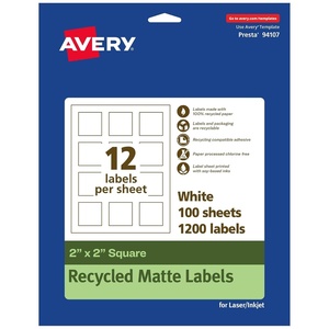 Avery EcoFriendly Matte White Recycled Square Labels, 2″ x 2″, Print-to-The-Edge, Matte White Labels, Permanent Adhesive, Laser/Inkjet Printable, 300 Total(1 200 labels)