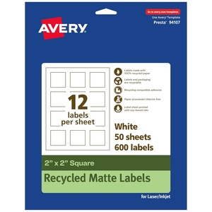 Avery EcoFriendly Matte White Recycled Square Labels, 2″ x 2″, Print-to-The-Edge, Matte White Labels, Permanent Adhesive, Laser/Inkjet Printable, 300 Total(600 labels)