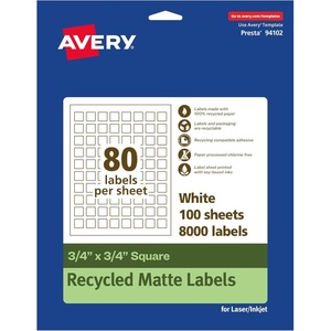Avery EcoFriendly Matte White Recycled Square Labels, 3/4″ x 3/4″, Print-to-The-Edge, Matte White Labels, Permanent Adhesive, Laser/Inkjet Printable, 800 Total(8 000 labels)