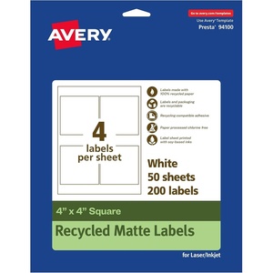 Avery EcoFriendly Matte White Recycled Square Labels, 4″ x 4″, Matte White Labels, Permanent Adhesive, Laser/Inkjet Printable, 40 Total(200 labels)