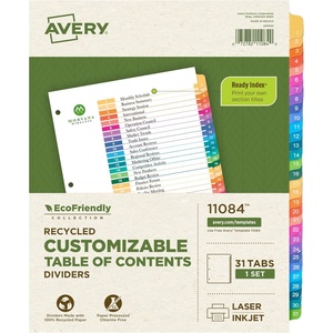 Avery EcoFriendly Recycled 1-31 Dividers for 3 Ring Binders, 31 Tabs per Set, Customizable Table of Contents, Multicolor Tabs, Great for Organizing Reports, Projects, and More (11084)
