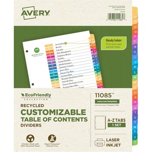Avery EcoFriendly Recycled A-Z Dividers for 3 Ring Binders, 26 Tabs per Set, Customizable Table of Contents, Multicolor Tabs, Great for Organizing Reports, Projects, and More (11085)(Pack of 12)