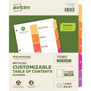 Avery EcoFriendly Recycled Dividers for 3 Ring Binders, 5 Tabs per Set, Customizable Table of Contents, Multicolor Tabs, Great for Organizing Reports, Projects, and More (3 Sets of 11080)(3 Sets)