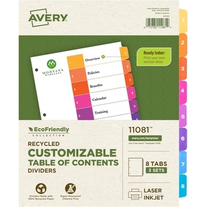 Avery EcoFriendly Recycled Dividers for 3 Ring Binders, 8 Tabs per Set, Customizable Table of Contents, Multicolor Tabs, Great for Organizing Reports, Projects, and More (3 Sets of 11081)