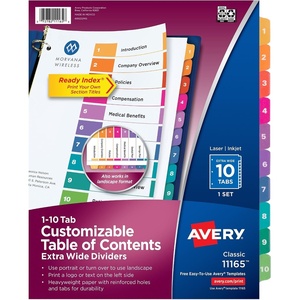 Avery Extra-Wide Dividers for 3 Ring Binders, 10 Tabs per Set, Customizable Table of Contents, Multicolor Tabs, Works Great with Sheet Protectors (11165)
