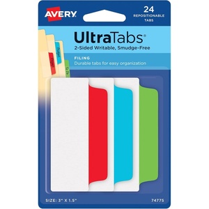 Avery Filing Ultra Tabs, 3″ x 1.5″, 2-Side Writable, Red/Blue/Green, 24 Repositionable File Tabs (74775)(Assorted)
