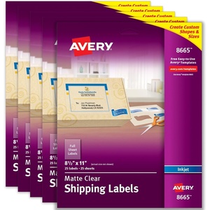 Avery Full Sheet Printable Shipping Labels, 8.5″ x 11″, Matte Clear, Inkjet, Create Custom Labels Using Scissors or Electronic Cutting Machines, 25 Total (8665)(125 labels)