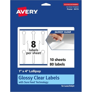 Avery Glossy Clear Lollipop Labels, Sure Feed Technology, 1″ x 4″, 80 Glossy Clear Labels, Print-to-The-Edge, Laser/Inkjet Printable(80 labels)