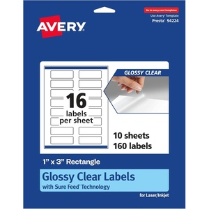 Avery Glossy Clear Rectangle Labels, Sure Feed Technology, 1″ x 3″, 160 Glossy Clear Labels, Print-to-The-Edge, Laser/Inkjet Printable(160 labels)