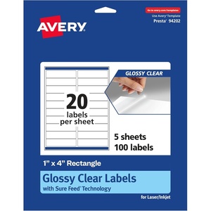 Avery Glossy Clear Rectangle Labels, Sure Feed Technology, 1″ x 4″, 200 Glossy Clear Labels, Laser/Inkjet Printable(100 labels)