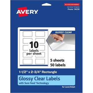 Avery Glossy Clear Rectangle Labels, Sure Feed Technology, 1.5″ x 2.75″, 50 Glossy Clear Labels, Print-to-The-Edge, Laser/Inkjet Printable(50 labels)