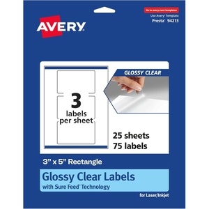 Avery Glossy Clear Rectangle Labels, Sure Feed Technology, 3″ x 5″, 30 Glossy Clear Labels, Print-to-The-Edge, Laser/Inkjet Printable(75 labels)