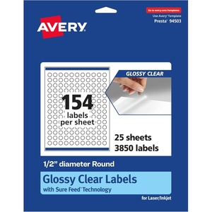 Avery Glossy Clear Round Labels, Sure Feed Technology, 0.5″ Diameter, 1,540 Glossy Clear Labels, Print-to-The-Edge, Laser/Inkjet Printable(3 850 labels)