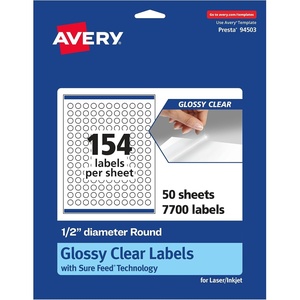 Avery Glossy Clear Round Labels, Sure Feed Technology, 0.5″ Diameter, 1,540 Glossy Clear Labels, Print-to-The-Edge, Laser/Inkjet Printable(7 700 labels)