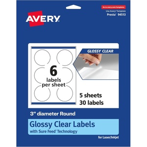Avery Glossy Clear Round Labels, Sure Feed Technology, 3″ Diameter, 60 Glossy Clear Labels, Print-to-The-Edge, Laser/Inkjet Printable(30 labels)