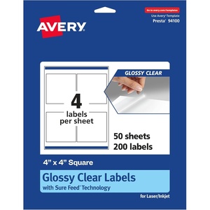 Avery Glossy Clear Square Labels, Sure Feed Technology, 4″ x 4″, 100 Glossy Clear Labels, Laser/Inkjet Printable(200 labels)