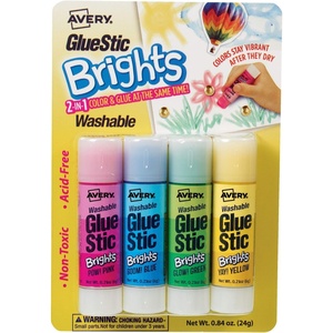 Avery Glue Stick Assorted Color Brights, Washable, Nontoxic, 0.21 oz. Permanent Glue Stic, 4pk (00102)
