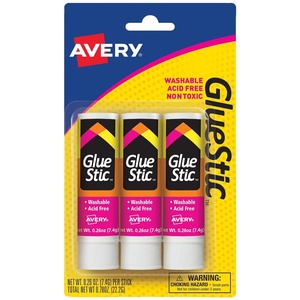 Avery Glue Stick White, Washable, 0.26 Oz. Permanent Glue Stic, 12pk (00166)(3 sticks)