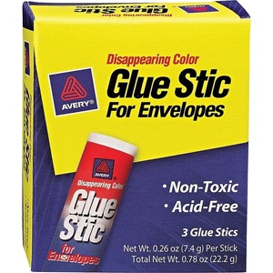 Avery Glue Sticks for Envelopes, Disappearing Purple Color, 0.26 oz., Nontoxic, Permanent Glue, 3 Glue Stics (00134)