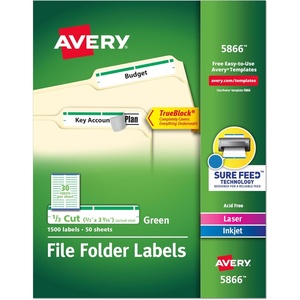 Avery Green File Folder Labels for Laser and Inkjet Printers with TrueBlock Technology, 2/3 inches x 3-7/16 inches, Box of 1500 (5866)(1)