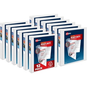Avery Heavy-Duty View 3 Ring Binder, 1 Inch One Touch Slant Rings, 250-Sheet Capacity, DuraHinge, 1.4 Inch Wide Spine, Customizable Clear Cover and Spine, White Binder (12-Pack of 79799)(1″)