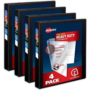 Avery Heavy-Duty View 3 Ring Binders, 1 Inch One Touch Slant Rings, DuraHinge, 1.4 Inch Wide Spine, Customizable Clear Cover and Spine, Black Binders (4-Pack of 79868)
