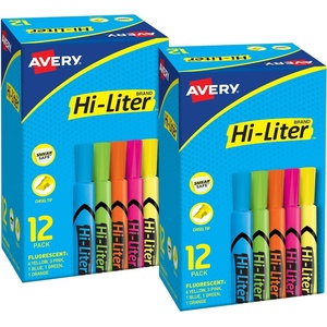 Avery Hi-Liter Desk-Style Highlighters, Chisel Tip, 12 Highlighters, Assorted Colors, 2 Packs (25601)