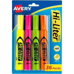 Avery Hi-Liter Desk-Style Highlighters, Smear Safe Ink, Chisel Tip, Assorted Colors (Yellow, Pink, Green, and Orange), 4 Highlighters per Pack, 144 Total (36-Pack of 24063)(144 highlighters)