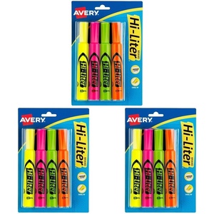 Avery Hi-Liter Desk-Style Highlighters, Smear Safe Ink, Chisel Tip, Assorted Colors (Yellow, Pink, Green, and Orange), 4 Highlighters per Pack, 144 Total (36-Pack of 24063)(4 highlighters (Pack of 3))