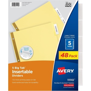 Avery Insertable Dividers for 3 Ring Binder, 5-Tab Set, Clear Big Tabs, Buff Paper with Gold-Reinforced, 24 Sets, Great for Organizing Projects, Reports, Finances, and More (11113)(48 Sets)