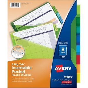 Avery Insertable Plastic Dividers for 3 Ring Binders, 8 Tabs per Set, Big Tabs, One Pocket, Multicolor Binder Dividers, Works with Sheet Protectors (11903)(1-Pack)