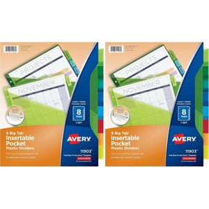 Avery Insertable Plastic Dividers for 3 Ring Binders, 8 Tabs per Set, Big Tabs, One Pocket, Multicolor Binder Dividers, Works with Sheet Protectors (11903)(2-Pack)